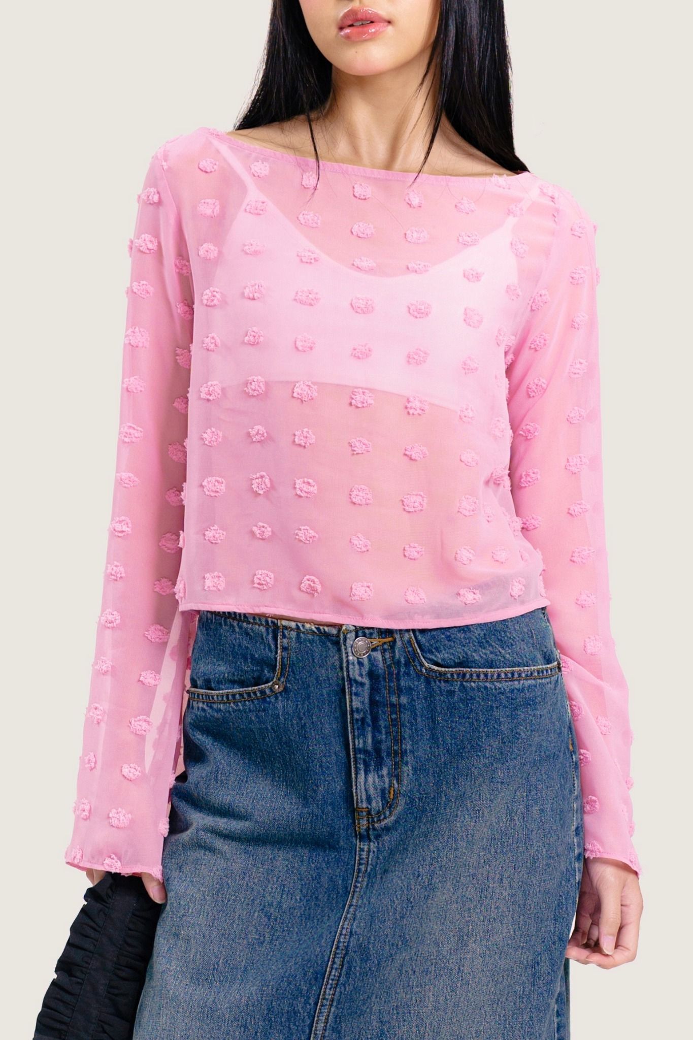  Pink Swiss Dot Flared Sleeve Top 