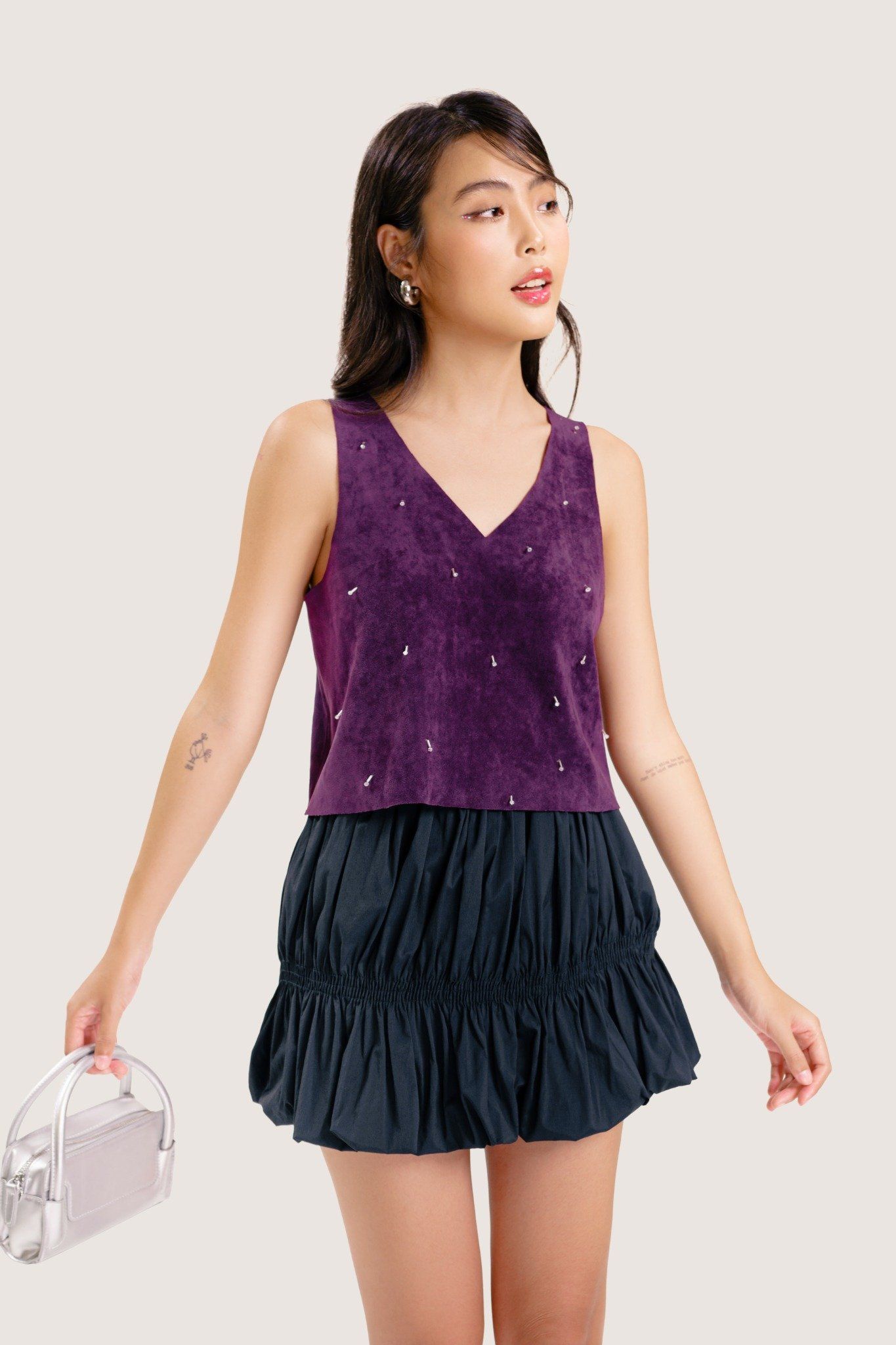  Purple Beaded Faux Suede Tank Top 