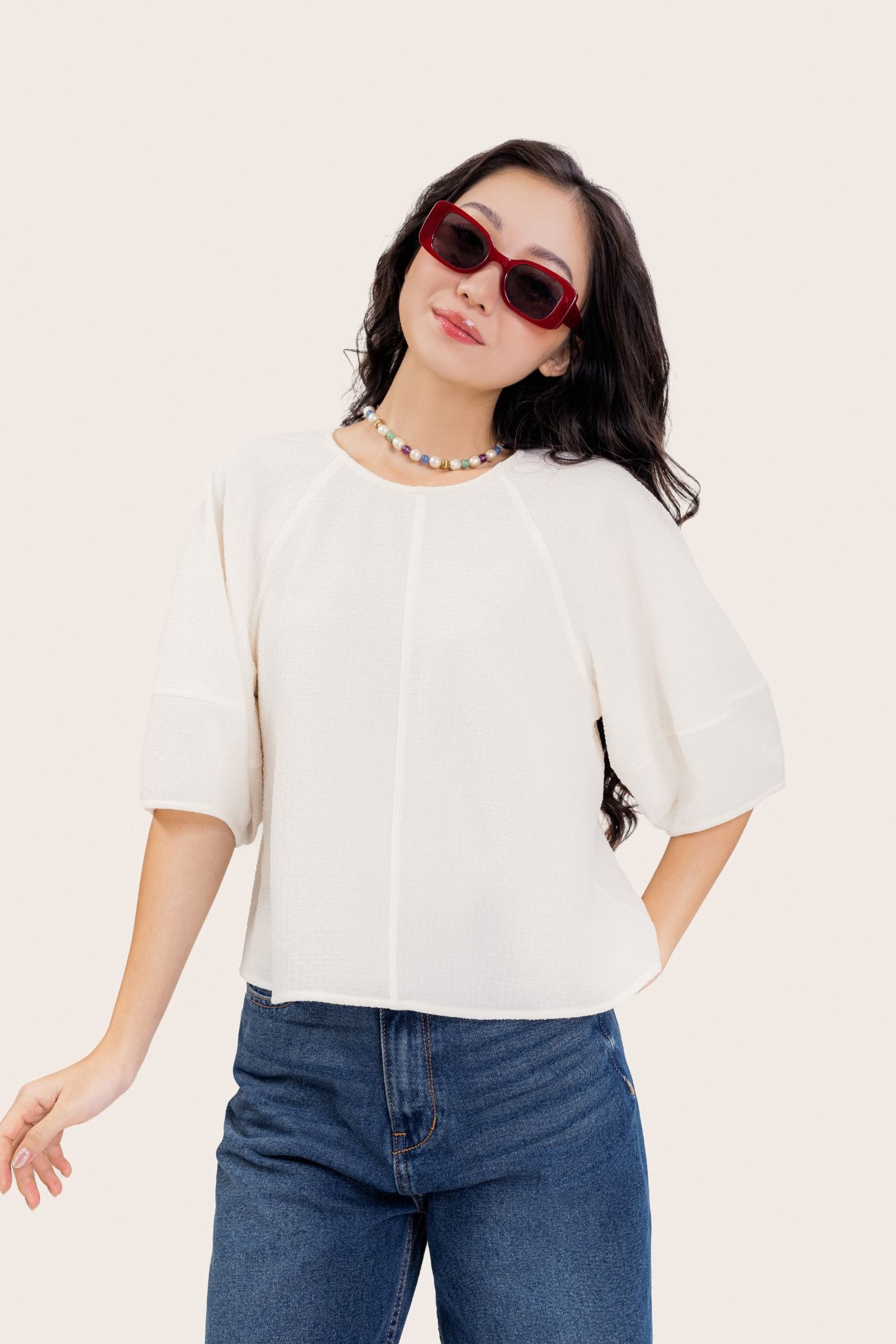  White Cloudy Seersucker Blouse 