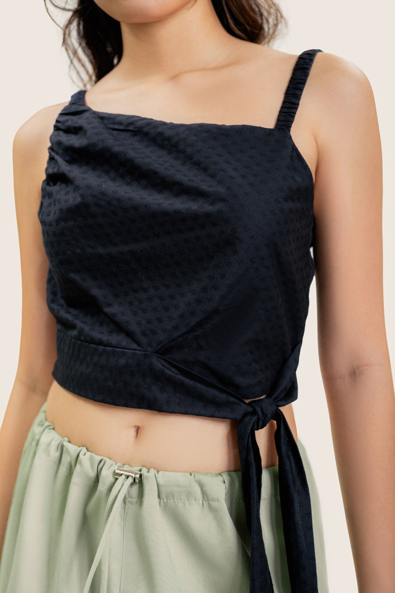  Black Unbalance Strap Tie Up Waist Top 