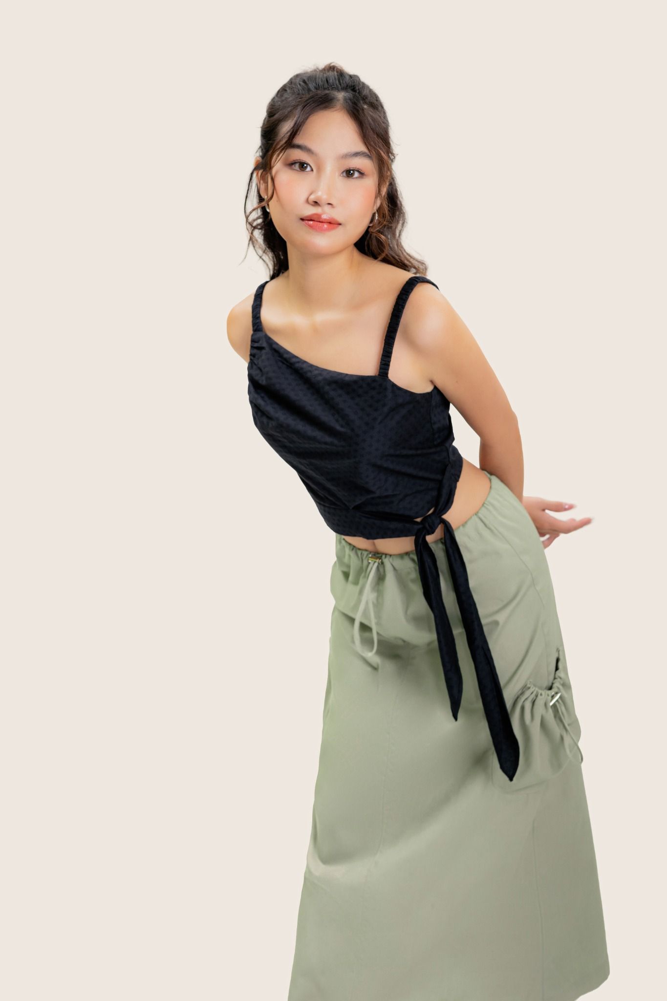  Black Unbalance Strap Tie Up Waist Top 