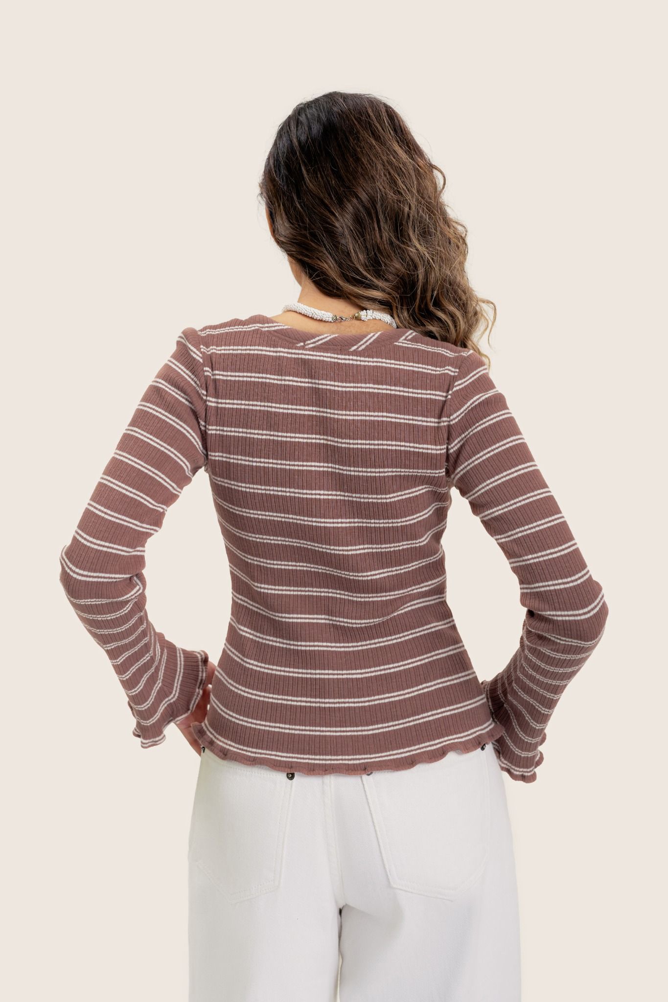  Brown Striped Lettuce Trim Long Sleeve Cardigan 