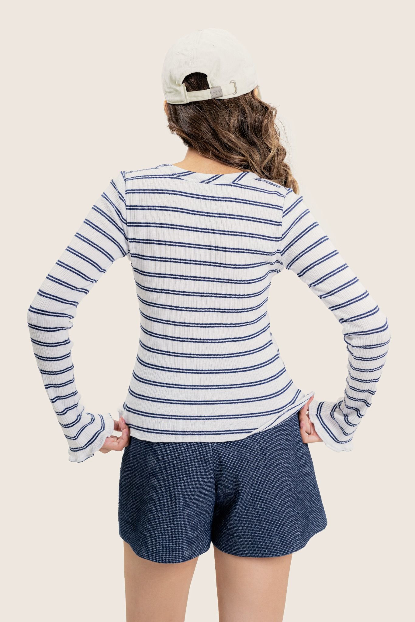  White Striped Lettuce Trim Long Sleeve Cardigan 