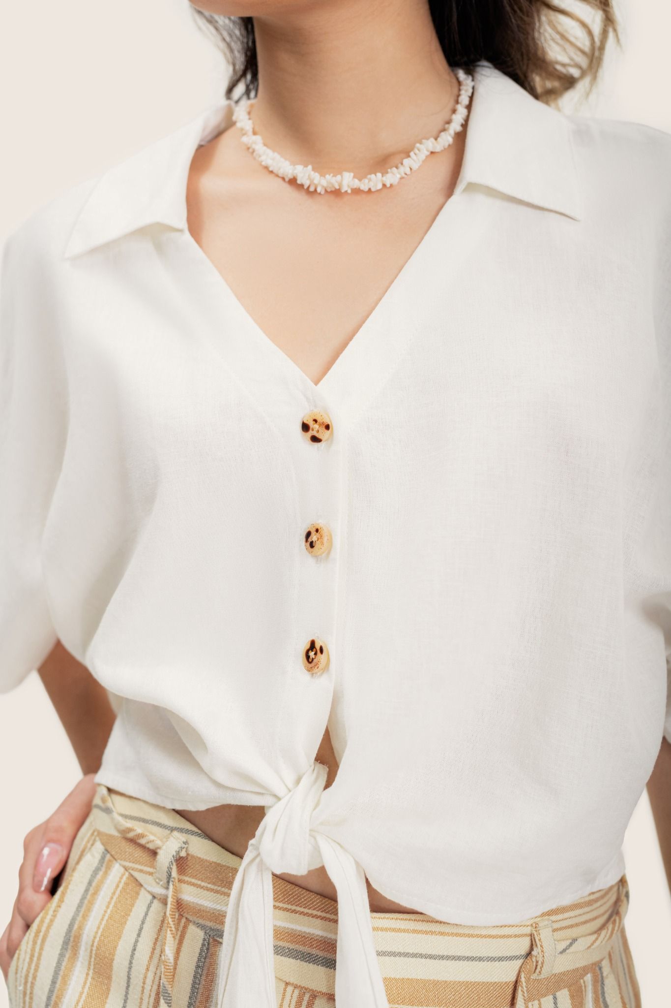  White V-neck Collar Linen Tie Up Top 