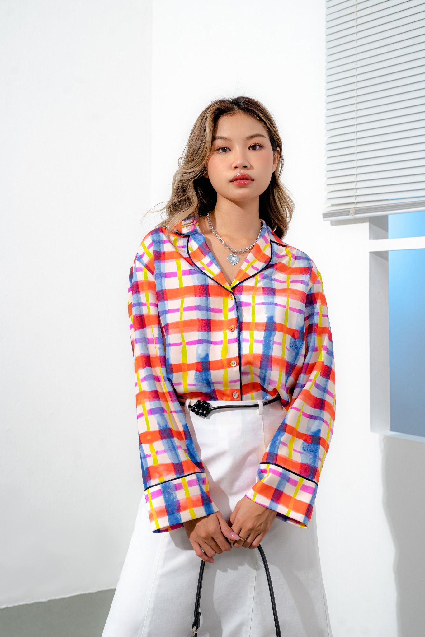  Checked Long Sleeve Silk Oversized Shirt 