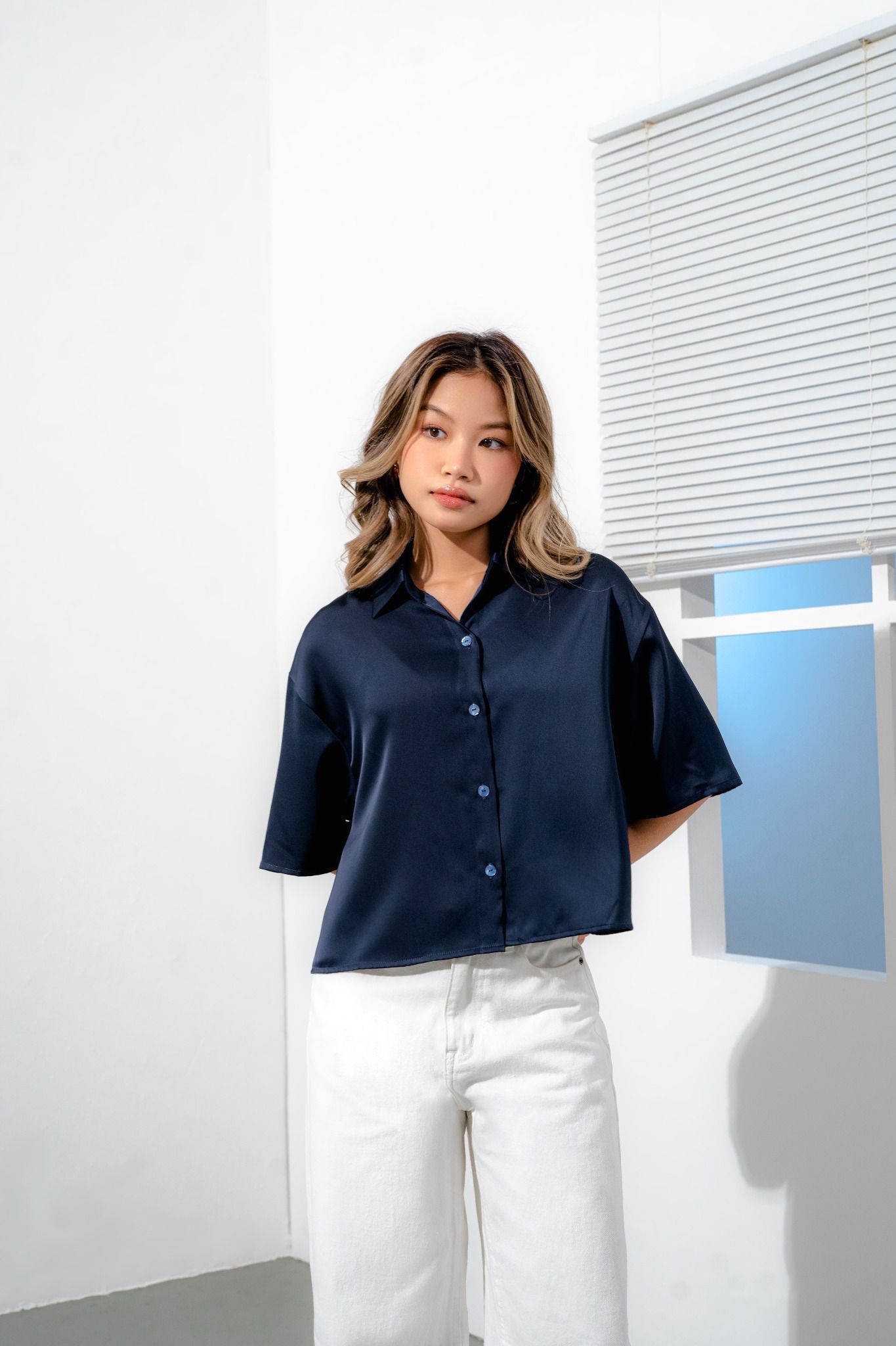  Navy Short Sleeve Silk Shirt 