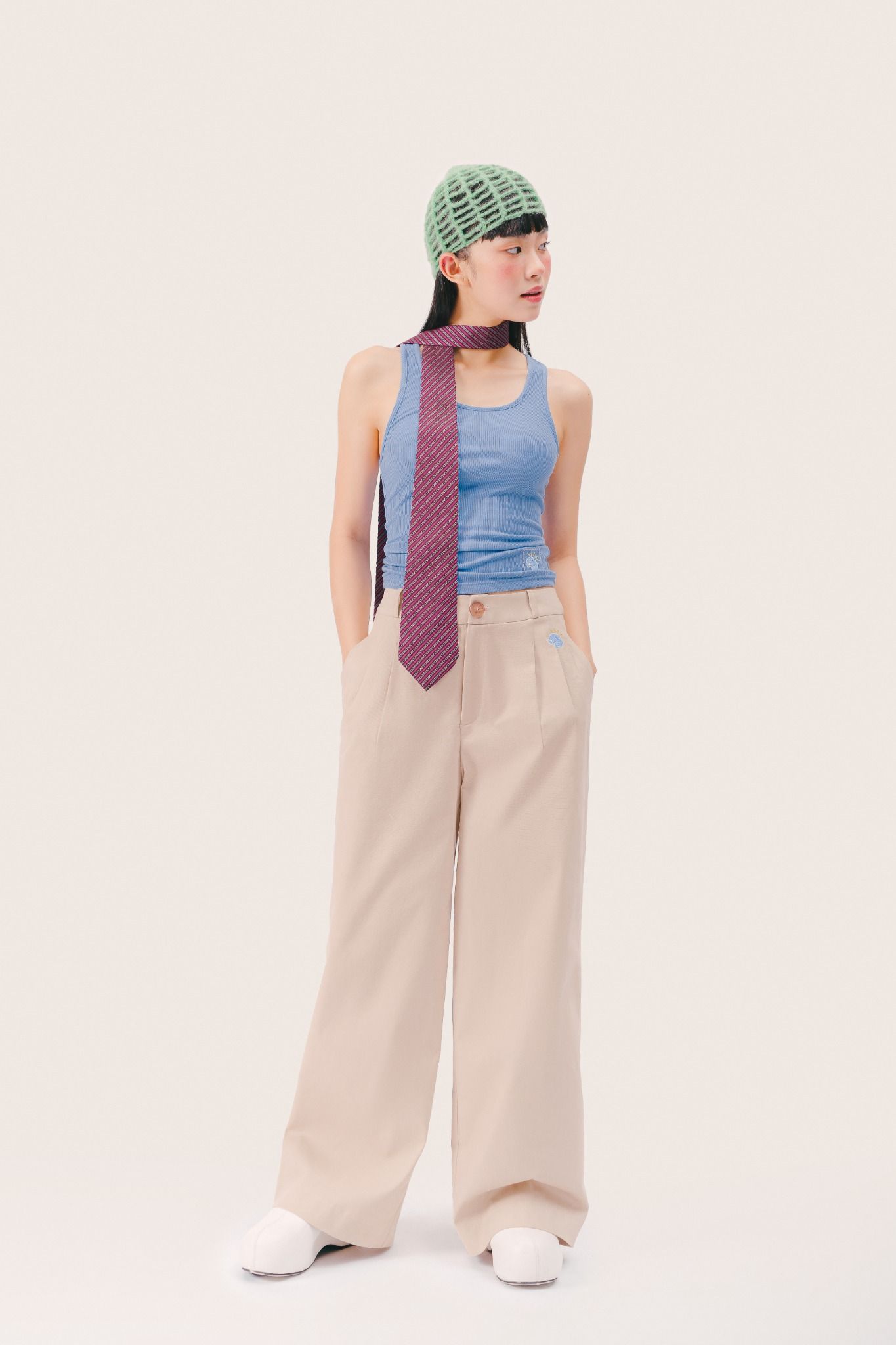  Beige Baggy Trousers With Embroidered Detail 