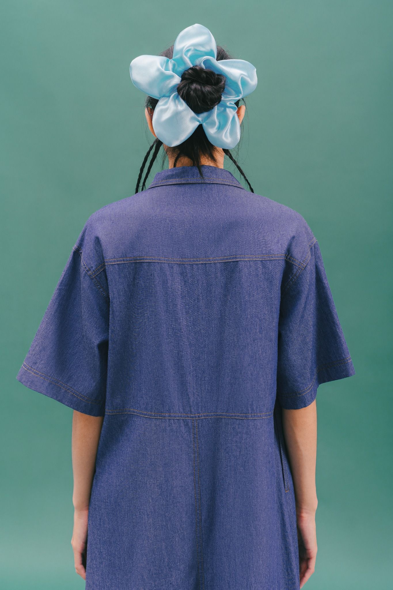  Blue Contrast Stitch Soft Denim Maxi Dress 