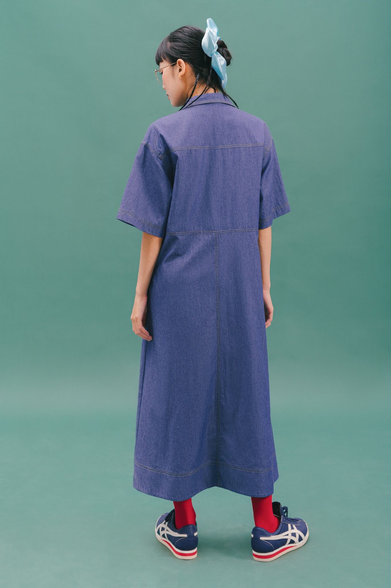  Blue Contrast Stitch Soft Denim Maxi Dress 