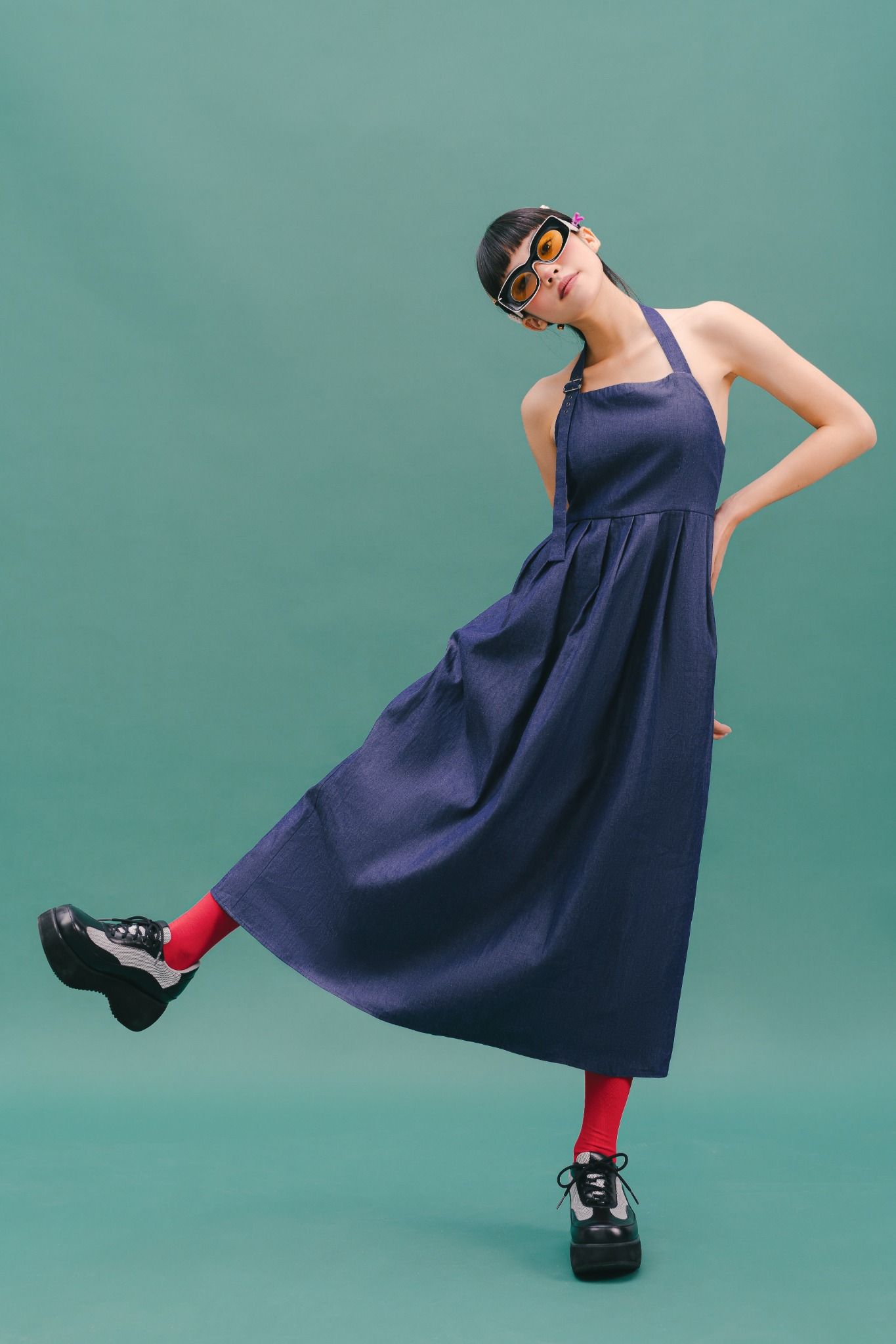  Navy Halter Neck Soft Denim Maxi Dress 