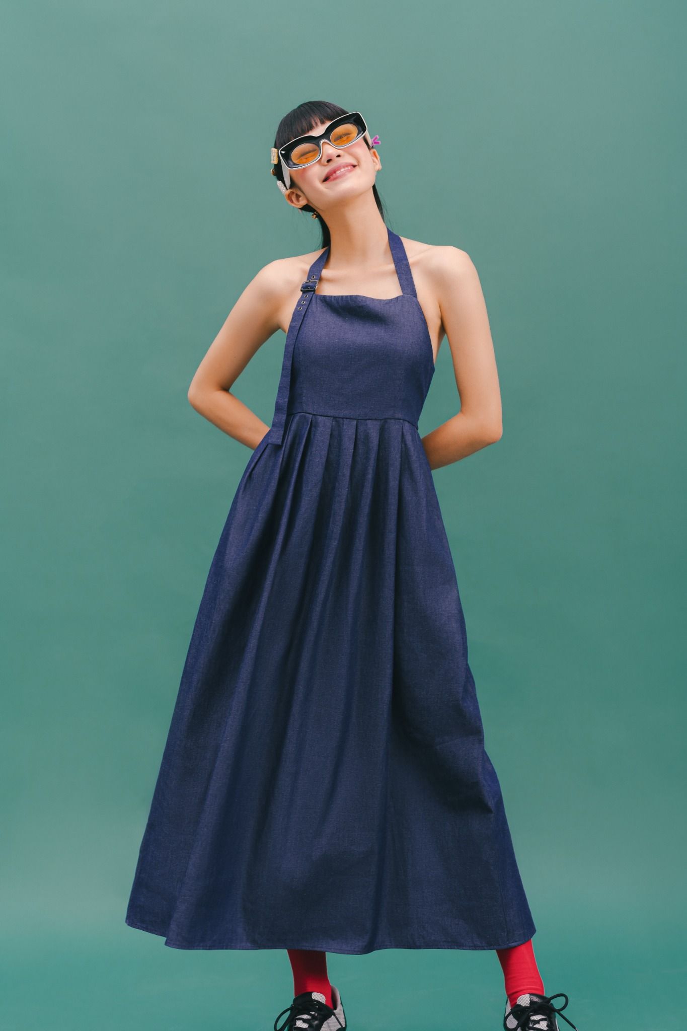  Navy Halter Neck Soft Denim Maxi Dress 