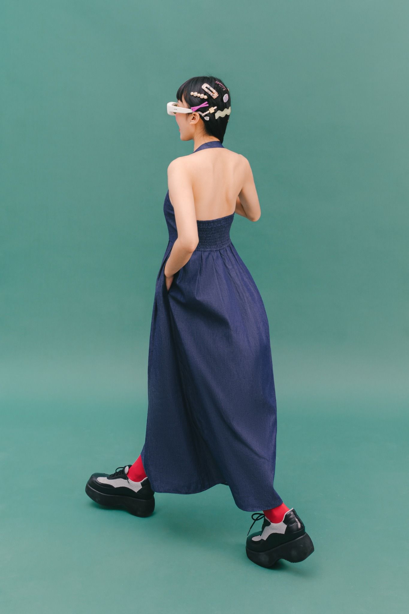  Navy Halter Neck Soft Denim Maxi Dress 