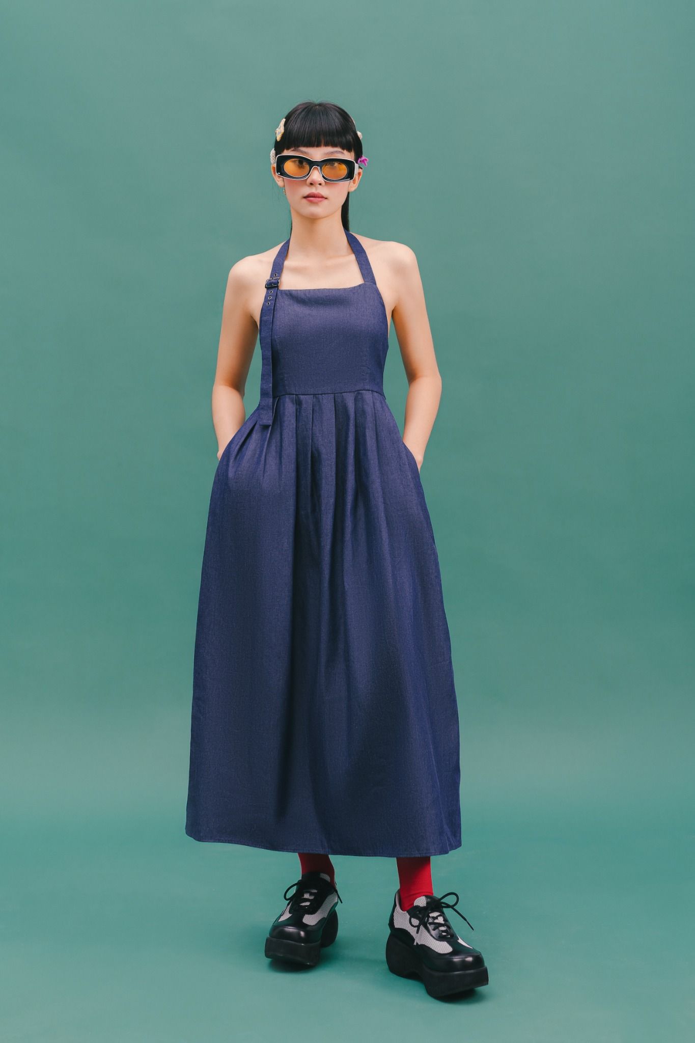  Navy Halter Neck Soft Denim Maxi Dress 