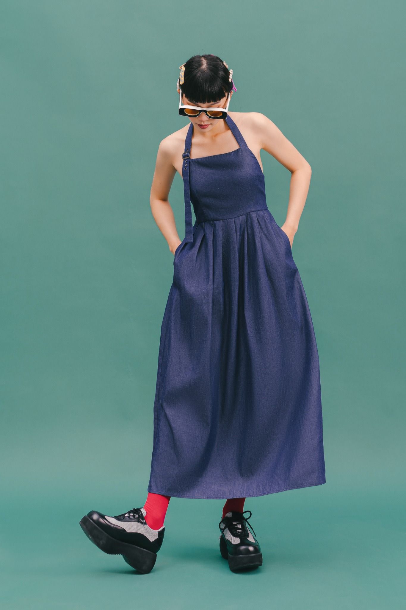  Navy Halter Neck Soft Denim Maxi Dress 