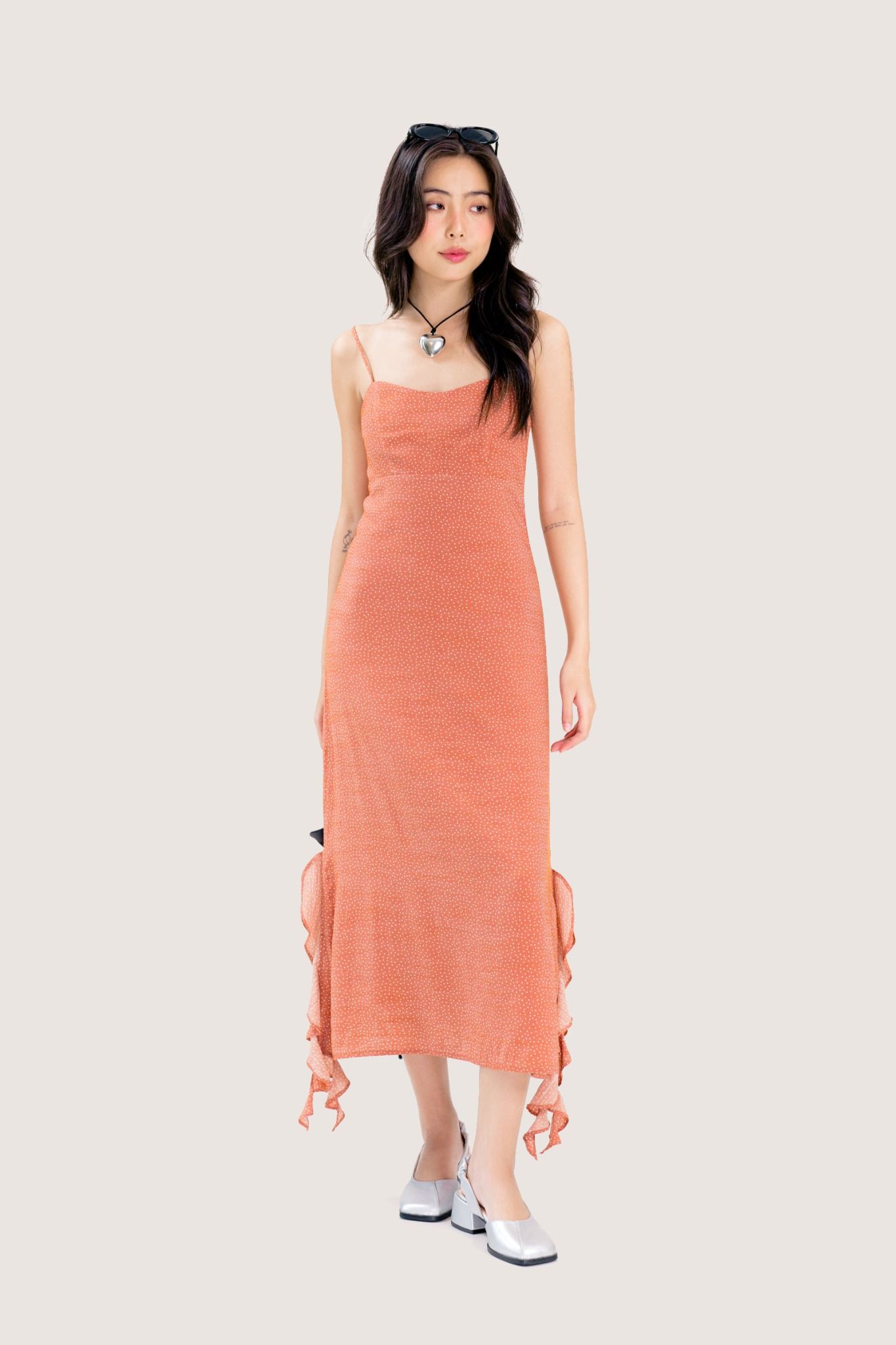  Salmon Orange Side Slit Midi Dress 