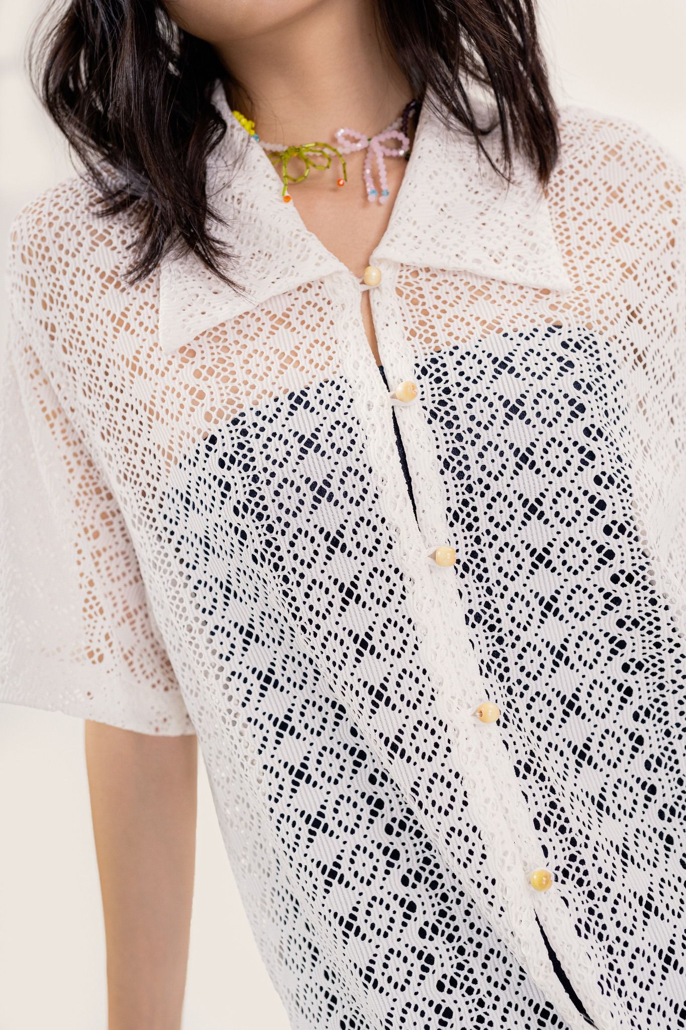  White Lace Wooden Button Short Sleeve Oversized Shirt 