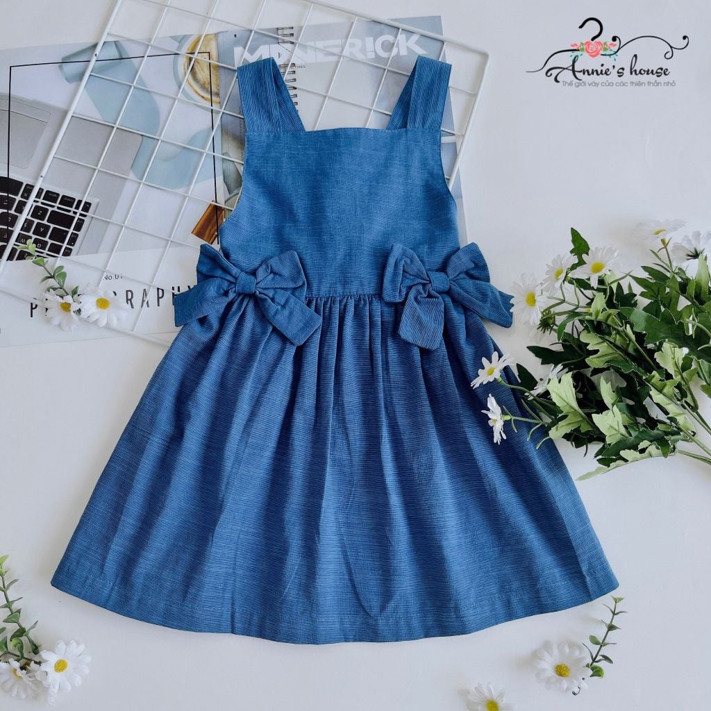  Set yếm linen đính nơ - Xanh Jean 