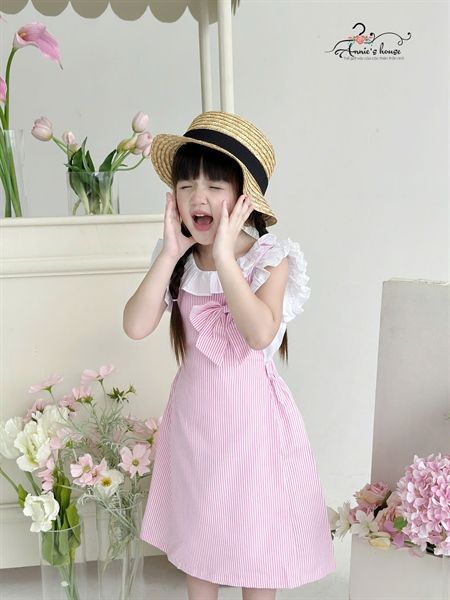  Set yếm nơ kẻ sọc - Hồng 