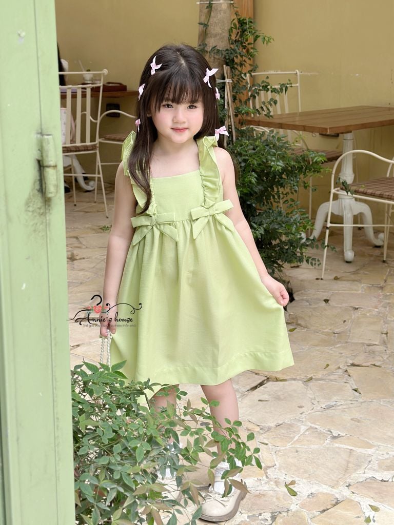  Đầm Lily - bèo vai đính nơ - xanh cốm 