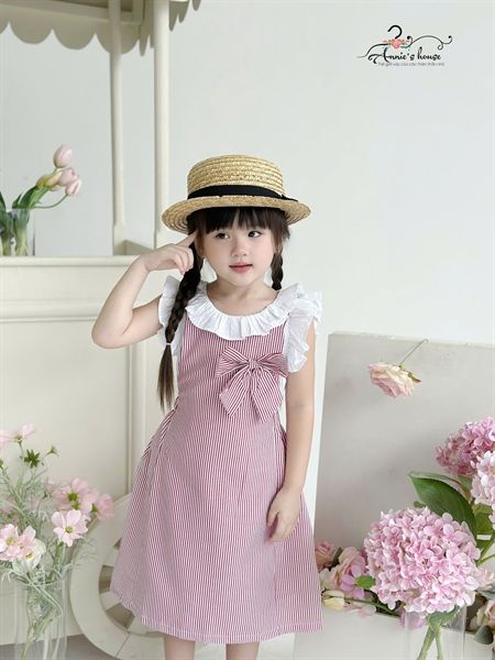  Set yếm nơ kẻ sọc - Đỏ 