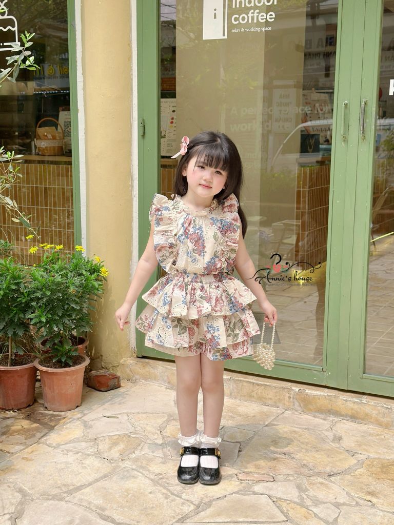  SET AMELIA TIỂU THƯ - Bèo Tầng Thô Thêu Hoa - màu kem 