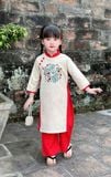  Áo dài thêu hoa quần đỏ- Trắng Kem 