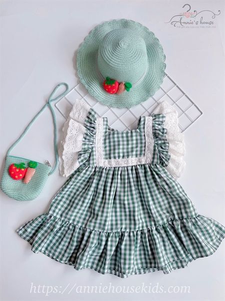  Đầm caro tay ren - xanh 