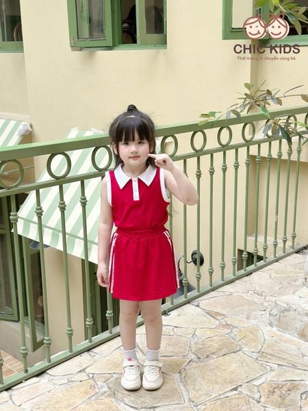  Set Sporty Chic - áo crop top viền trắng phối chân váy - Đỏ 
