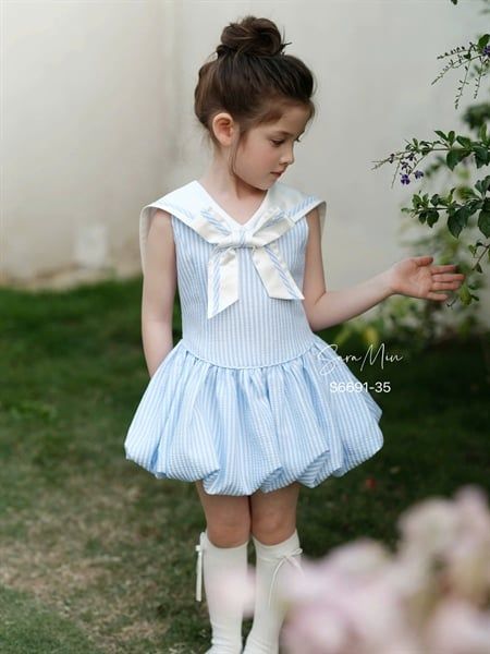  Đầm kẻ xanh thủy thủ dáng bí ngô 