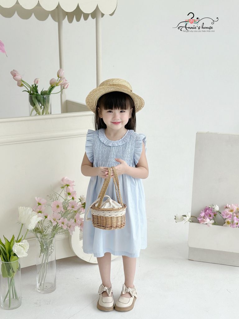 Đầm nhún thun tay con - Xanh 