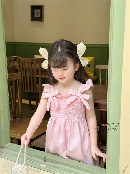  ĐẦM MAXI LUCIA - Nhún ngực tay cánh tiên đính nơ - Hồng Phấn 