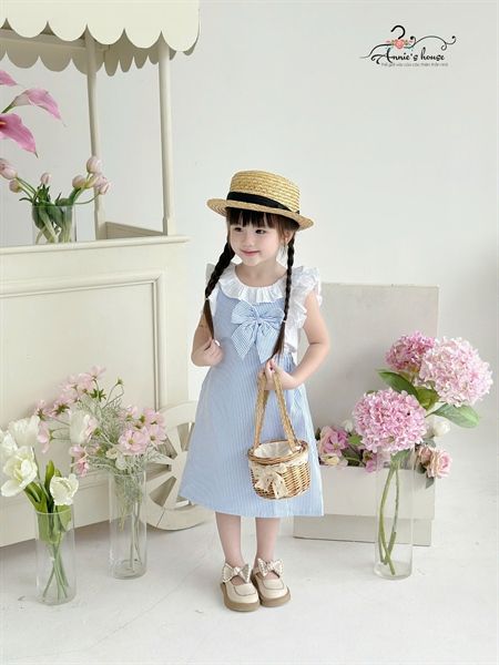  Set yếm nơ kẻ sọc - Xanh 