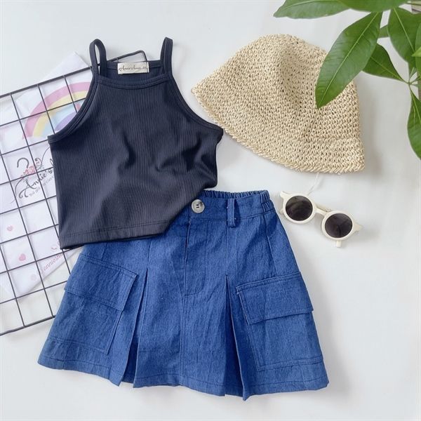  Chân váy xếp li - Xanh denim 