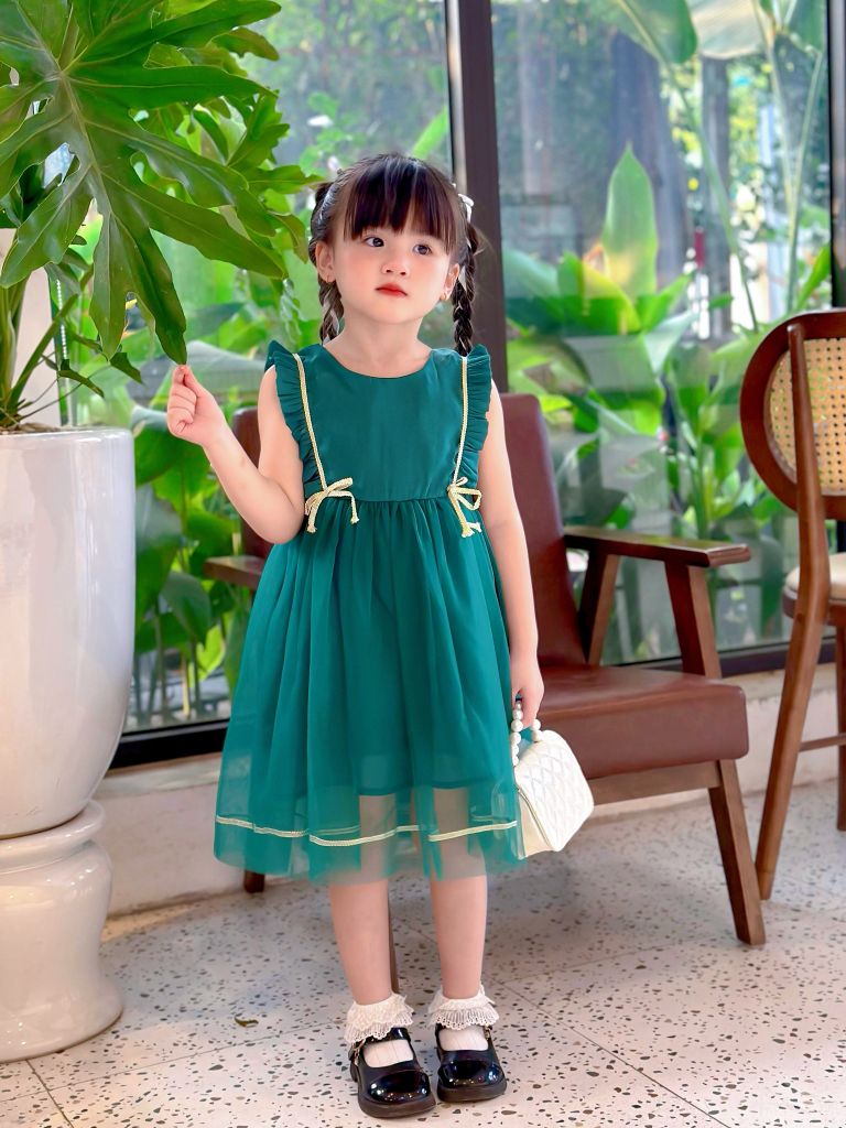  đầm voan phối nơ - Xanh 