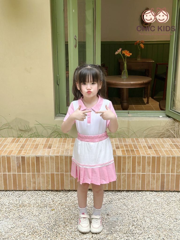  Set Active Chic - Thể Thao váy xếp pli - Trắng Hồng 