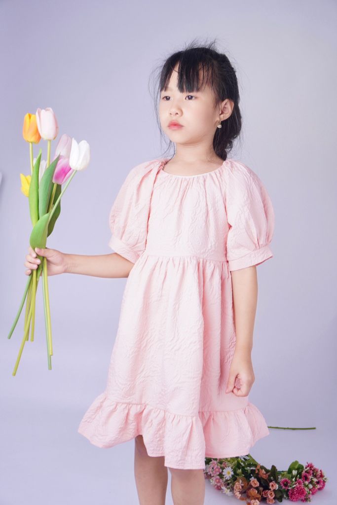  Đầm xốp gấm tay phồng - Hồng 