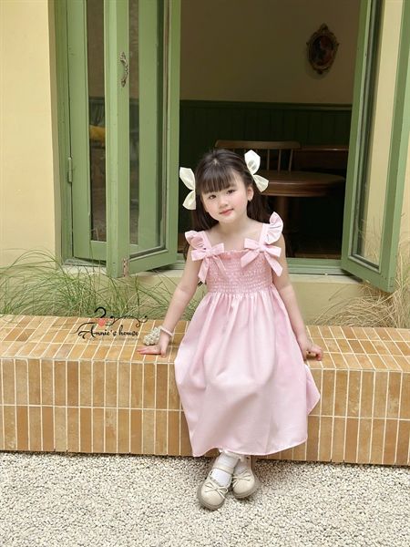  ĐẦM MAXI LUCIA - Nhún ngực tay cánh tiên đính nơ - Hồng Phấn 