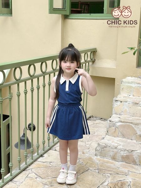  Set Sporty Chic - áo crop top viền trắng phối chân váy - Xanh 