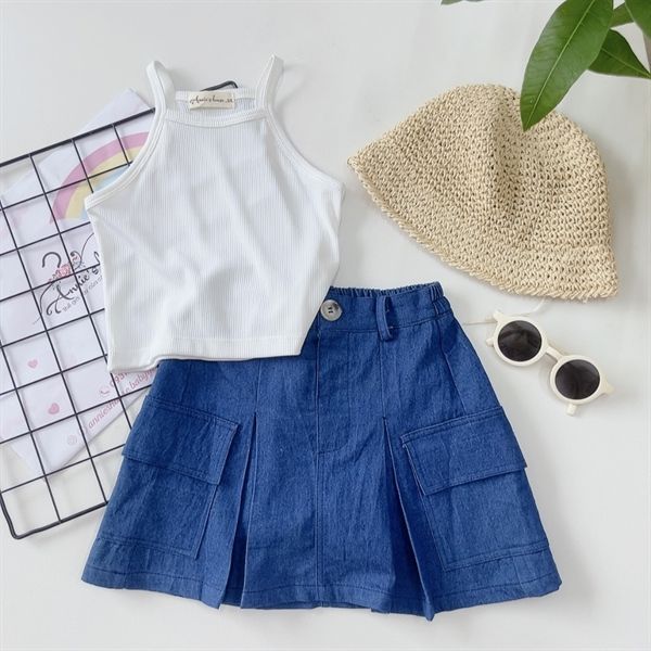  Chân váy xếp li - Xanh denim 