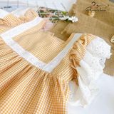  Đầm caro tay ren - vàng 