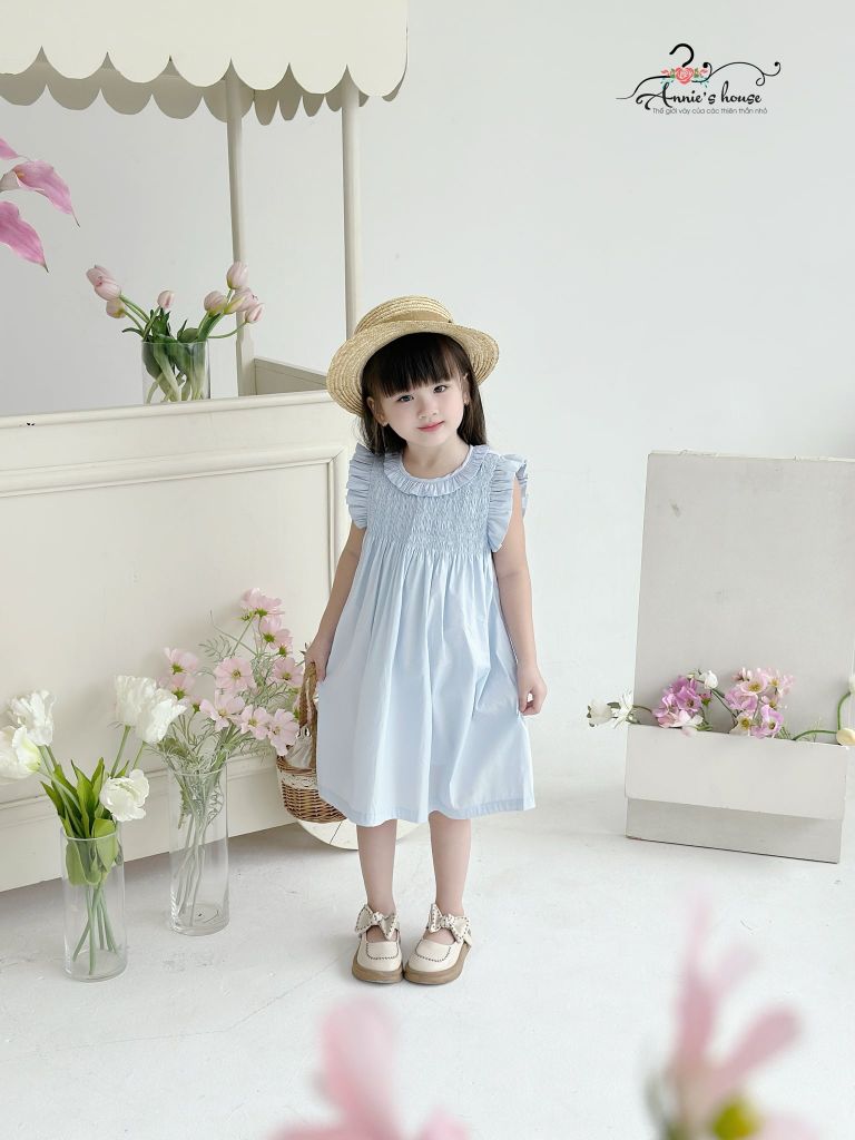  Đầm nhún thun tay con - Xanh 