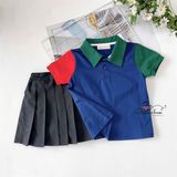  SET MILAN chân váy xếp li đen áo Polo phối màu 