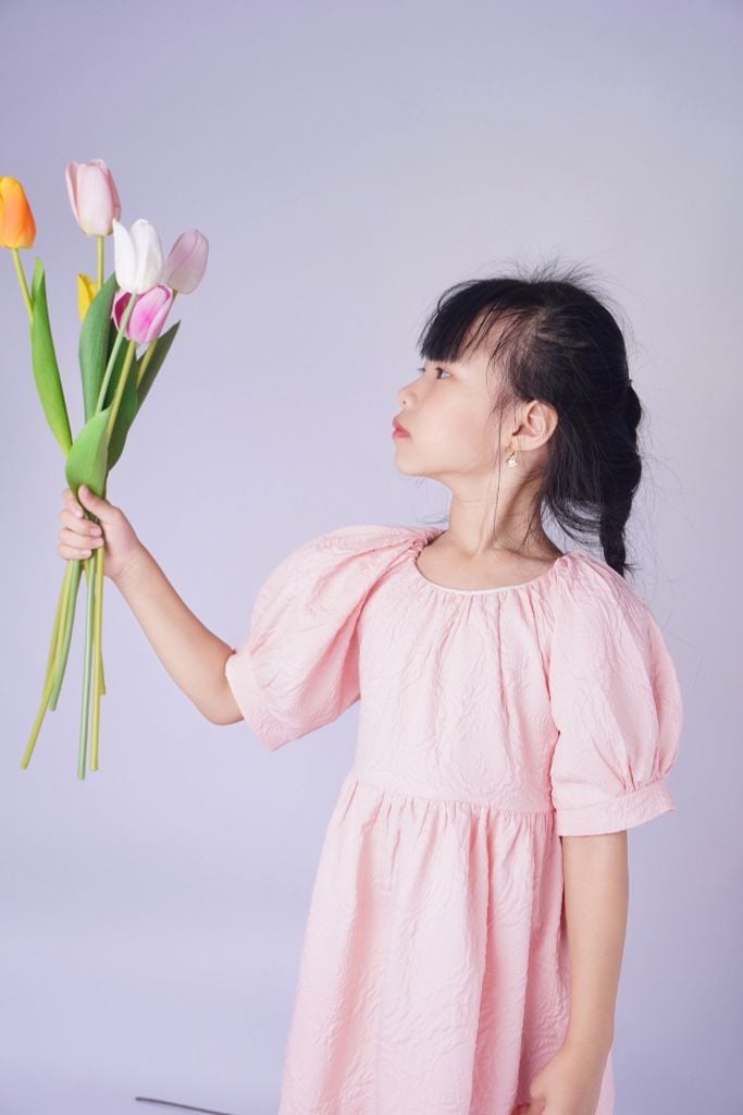  Đầm xốp gấm tay phồng - Hồng 