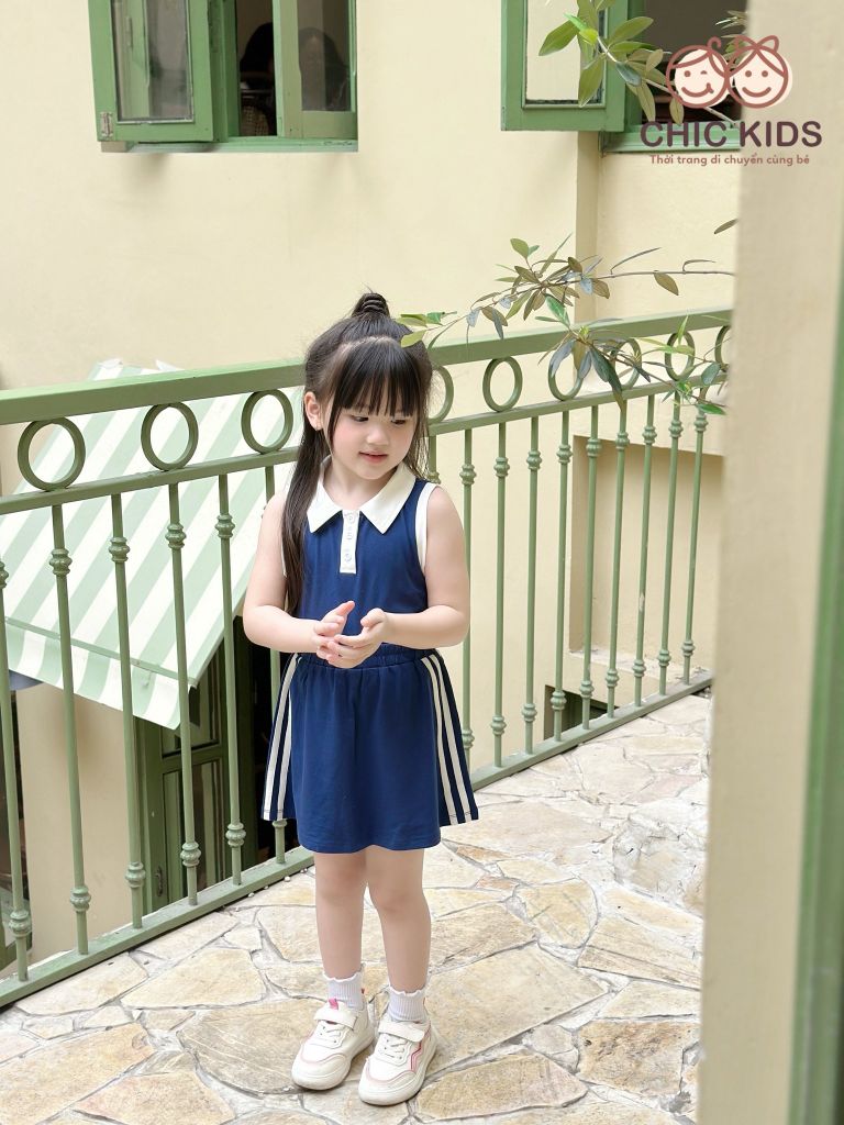  Set Sporty Chic - áo crop top viền trắng phối chân váy - Xanh 
