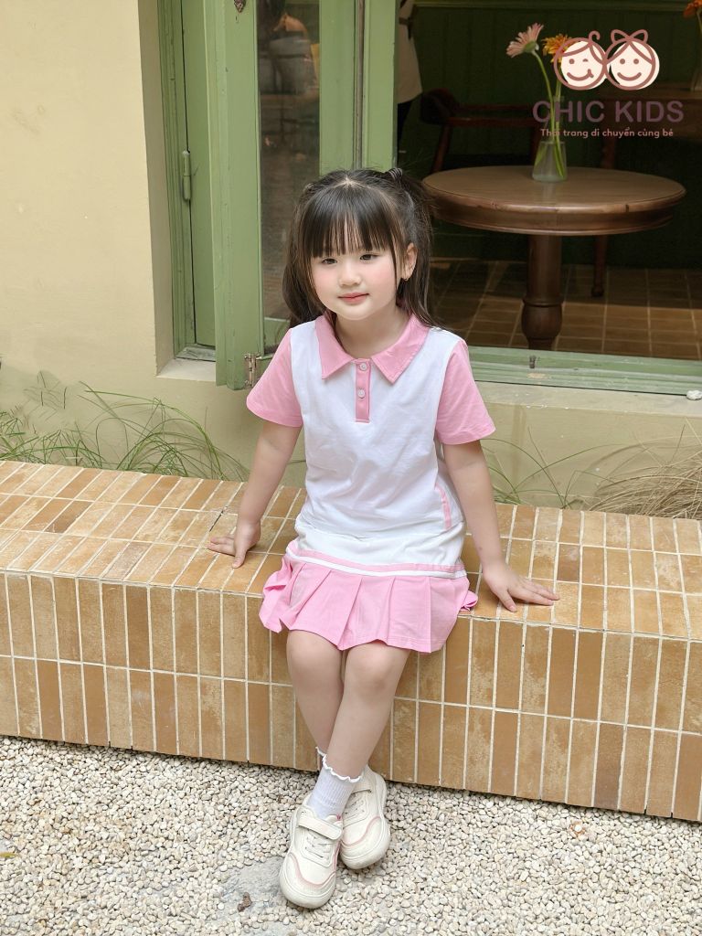  Set Active Chic - Thể Thao váy xếp pli - Trắng Hồng 