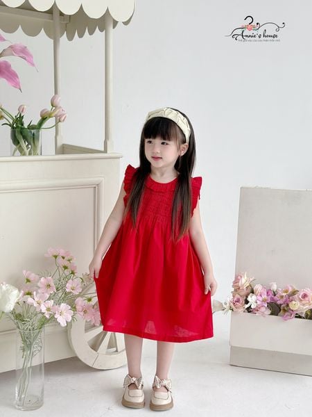  Đầm nhún thun tay con - Đỏ 