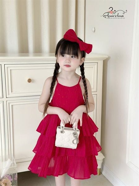  Đầm đỏ đính hạt 3 tầng 