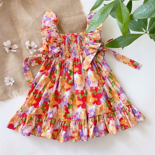  Đầm tay bèo nhún thun nơ 2 bên - Hoa cam 