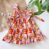  Đầm tay bèo nhún thun nơ 2 bên - Hoa cam 