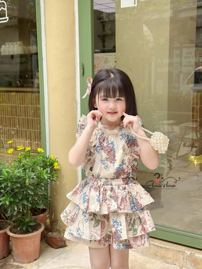  SET AMELIA TIỂU THƯ - Bèo Tầng Thô Thêu Hoa - màu kem 
